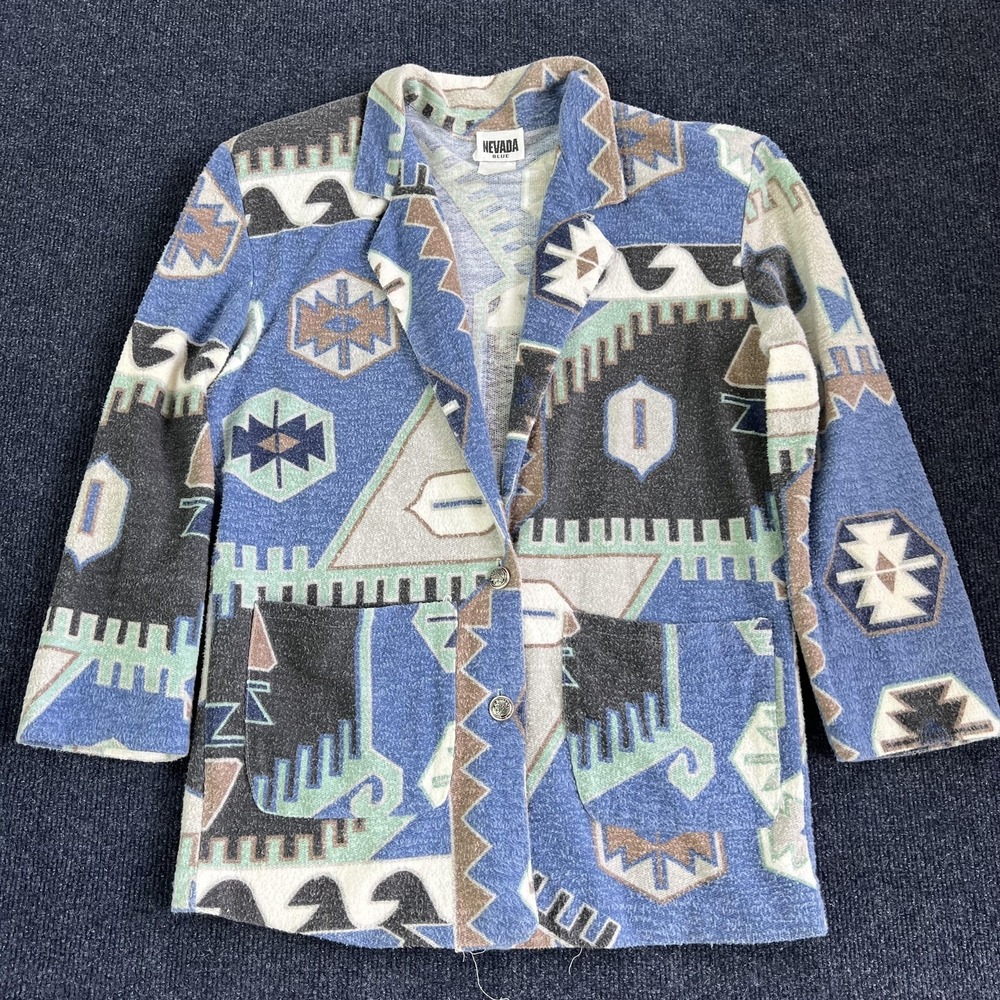 Vintage‎ Nevada Blue Blazer Womens Large Blue Southwestern Fleece Jacket Pattern
